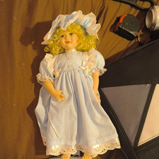 Blonde Curly Hair Girl Doll Blue Eyes Removable Clothes Blue Dress Bonnet