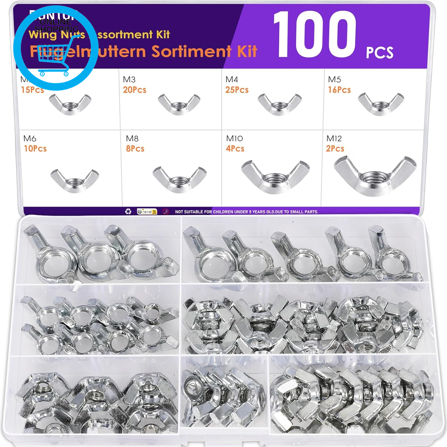 100PCS Wing Nuts Assortment Kit,  Carbon Steel Butterfly Nut Set, M3/M4/M5/M6/M8