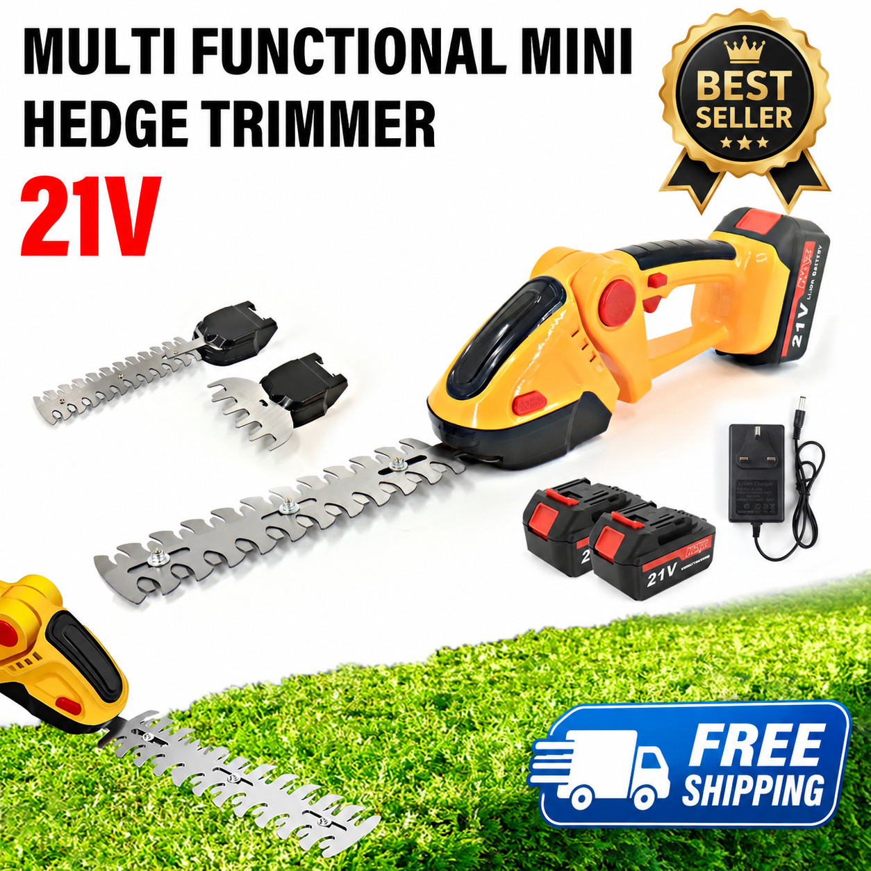 Cordless Electric Hedge Trimmer Garden Branch Cutter with 2 Batteries &Charger