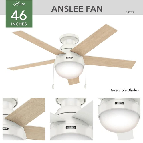 Hunter Anslee 46 Inch Modern Ceiling Fan with LED Light and Pull Chain Control - Picture 3 of 13