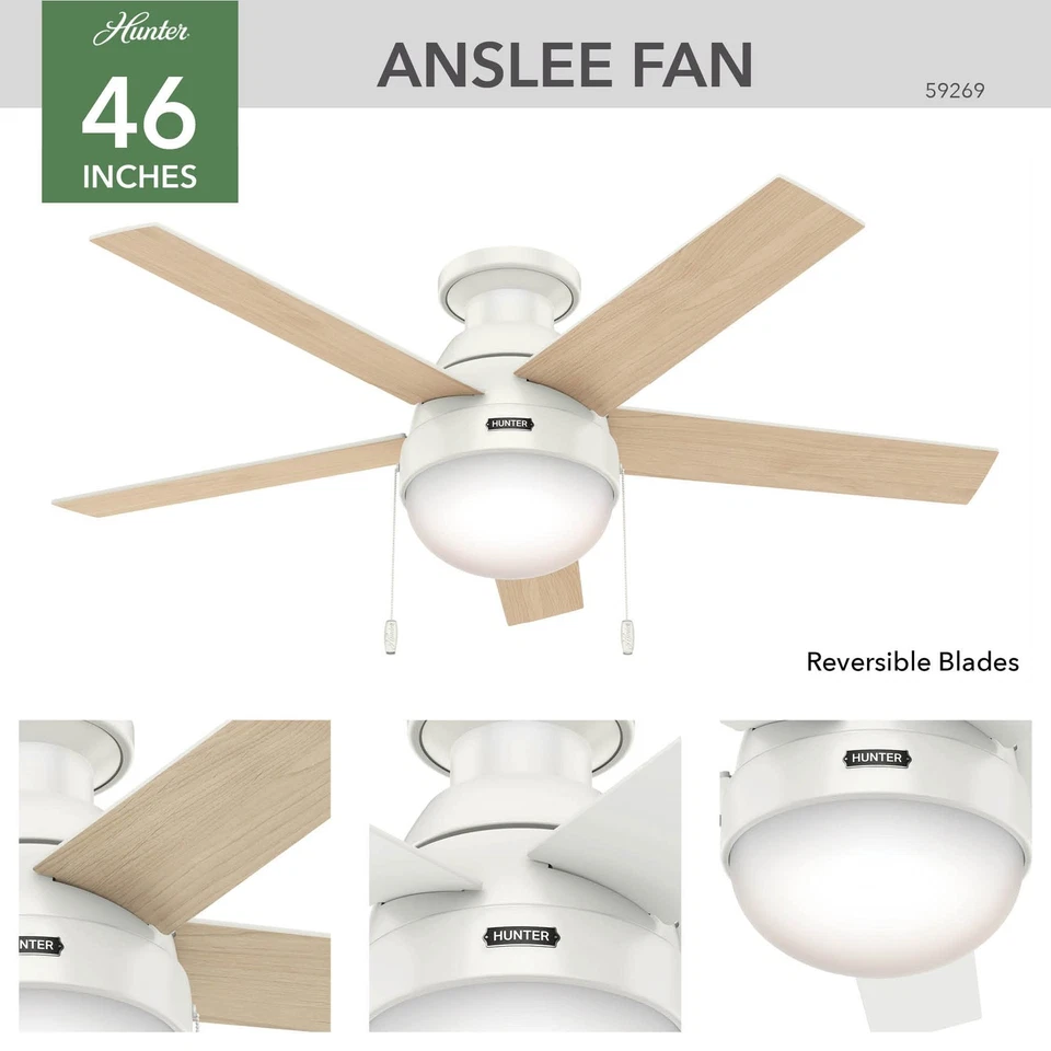 Hunter Anslee 46 Inch Modern Ceiling Fan with LED Light and Pull Chain Control - Image 3 of 4