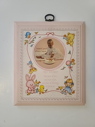 Vintage 80s Baby's First Birthday Wood Plaque Photo Insert Nursery Cottage Core