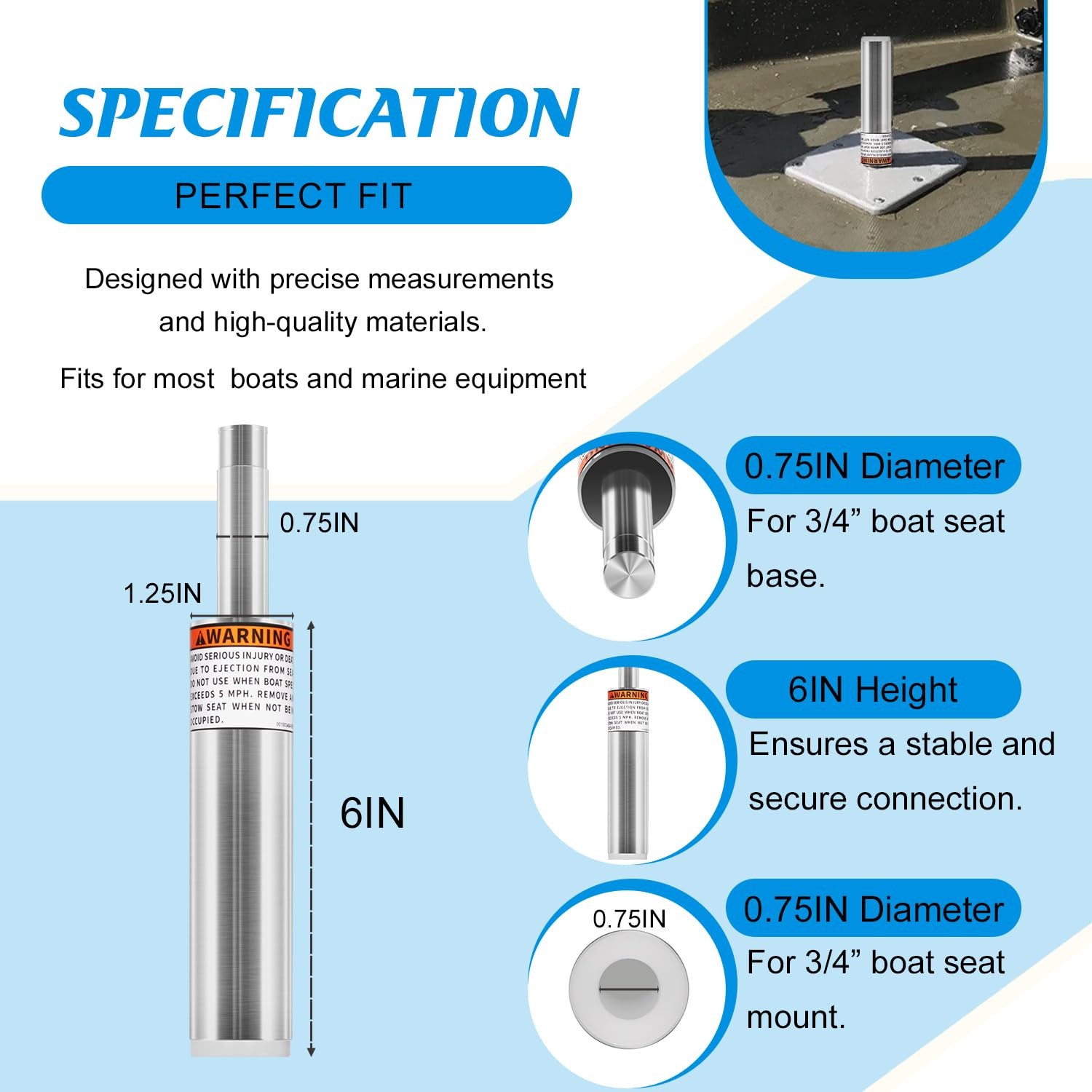 3/4" Boat Seat Pin Boat Pedestal Post 6IN for Pontoon, Fishing/Bass Boats 2-pack
