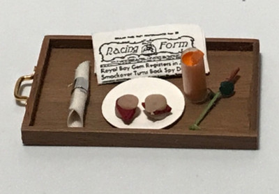 Dollhouse Miniature Artisan Made Wood Breakfast Tray Food and Newspaper   New