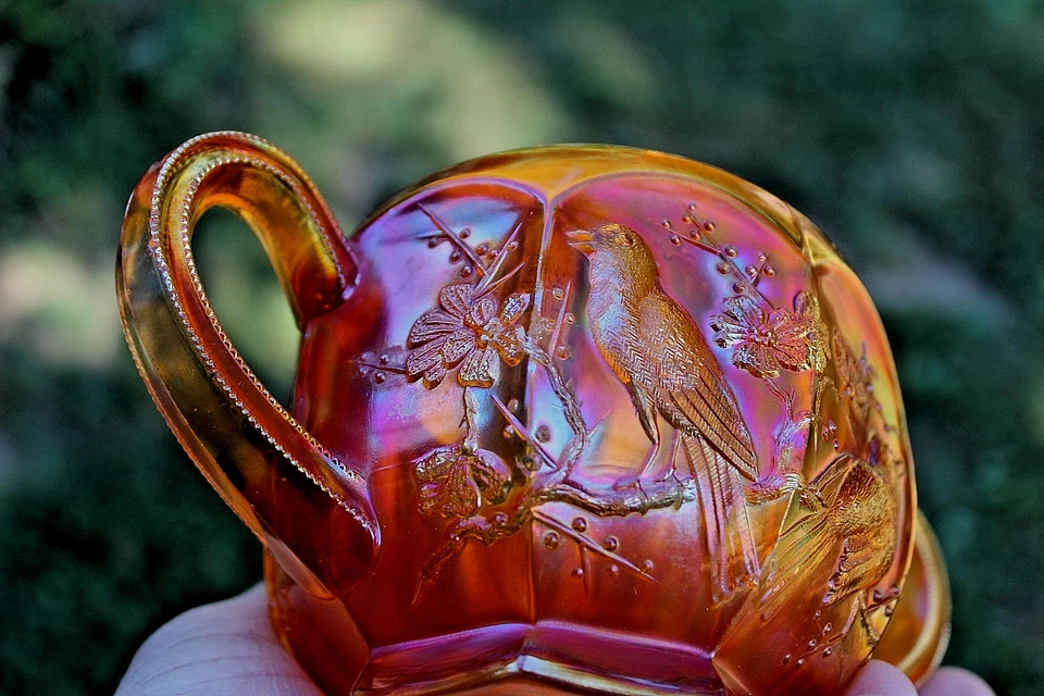 ANTIQUE NORTHWOOD SINGING BIRDS CARNIVAL GLASS SUGAR BOTTOM - MARIGOLD - Image 2 of 4