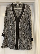 La Blanca Deep V Neck Black Print Lace Trim Lightweight Tunic Swim Cover-Up Sz L