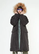 Konus Men's Long Duck Down Hooded Parka with Fur - Black/Olive