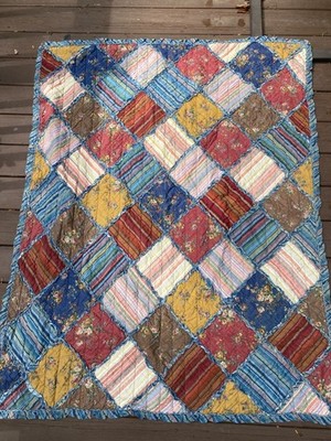 Shabby Chic Rag Quilt With Floral & Striped Pattern Reversible 48'' x 61'' Vintage