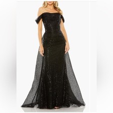 NEW Mac Duggal Off the Shoulder Black Sequin Panel Train Gown Maxi Dress size 12