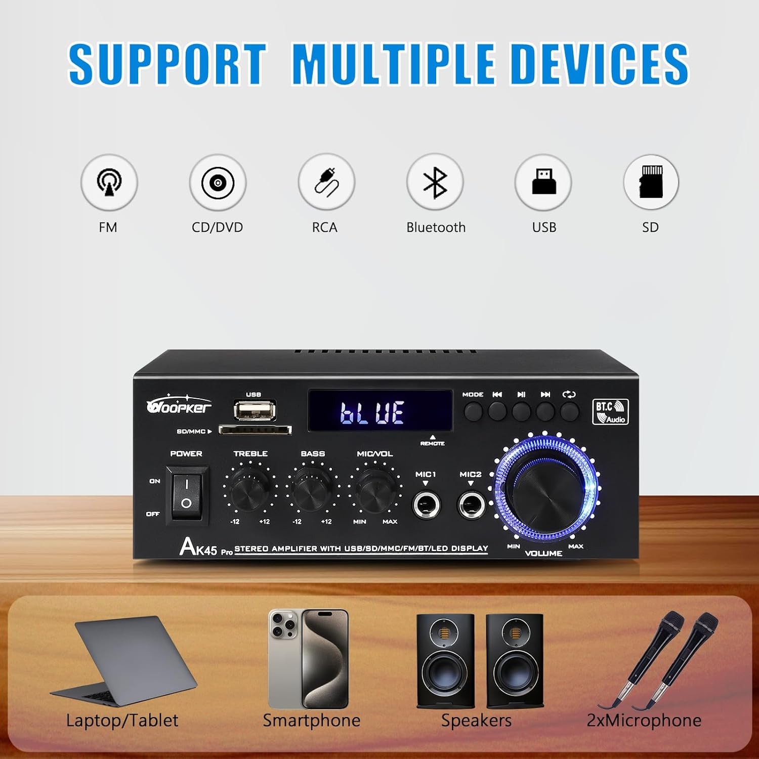 AK45 Pro 400W 2.0 Channel Bluetooth 5.0 Home Stereo Amplifier USB SD RCA MIC US