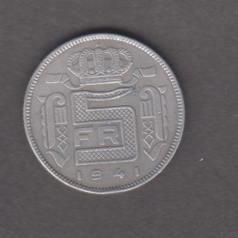 BELGIUM 1941. 5 FRANCS. Leopold III. Zinc. KM# 129