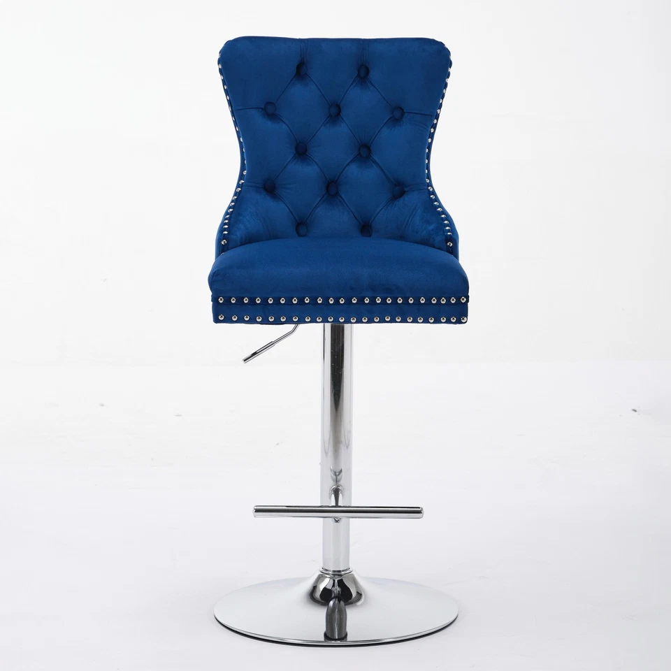 Set/2 Luxury Swivel Kitchen Barstools 25-33" Adjustable Thick Chrome Velvet Blue - Image 3 of 4