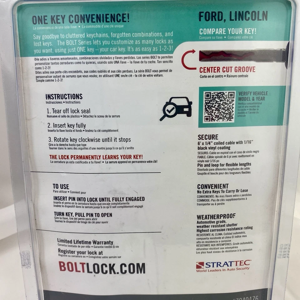 Bolt One Key Technology 7040476 6 英尺电缆锁福特林肯中心切割钥匙 — 第 4/4 张图片