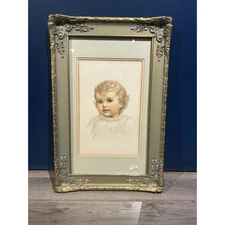 Antique 1900s Floral Gesso Frame Victorian Child Portrait Litho, Brundage Style