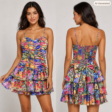 VTG Cottagecore Floral Tiered Ruffle Mini Dress Bow Back Coquette size 5/6 Avon