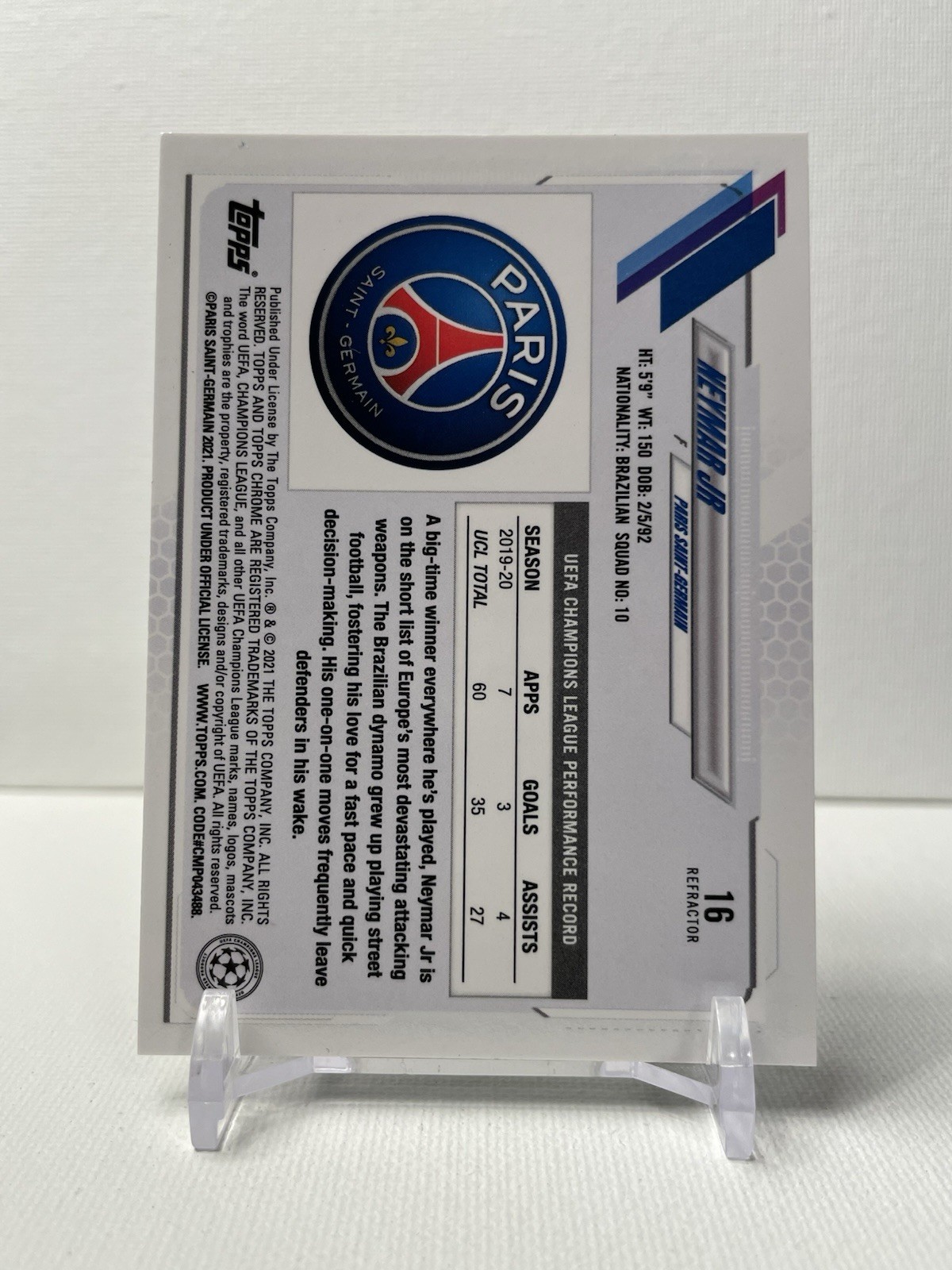 Neymar Jr. 2020-21 Topps Chrome UCL - #16 Refractor - BRAZIL view 2