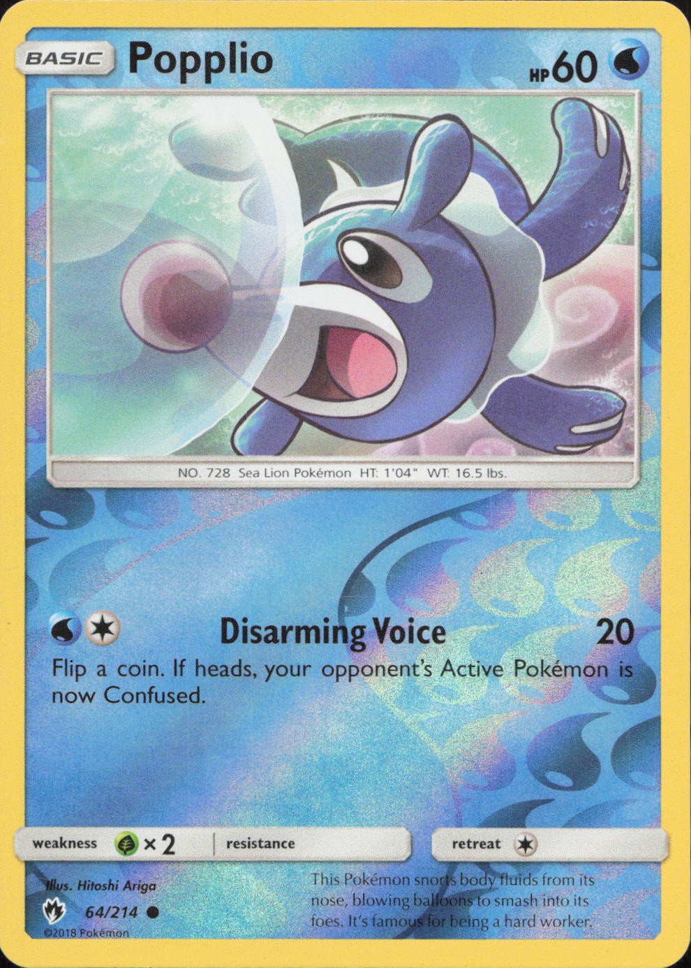 Popplio 64/214 COMMON REVERSE HOLO Lost Thunder Pokemon Lightly Played