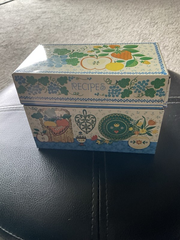 vintage Hallmark metal recipe box featuring a folk art strawberry and bird desig