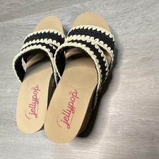 Jellypop Women's Slide Sandals Wedge Slip-On Crochet Straps Black/Beige 8M