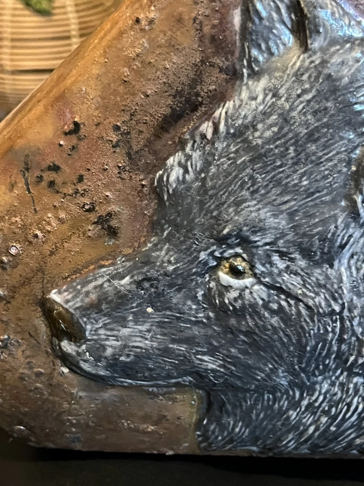 Jarrón lobo de cerámica pintado a mano Raku jarra cerámica 9" alto 11" ancho Foto 2 de 4