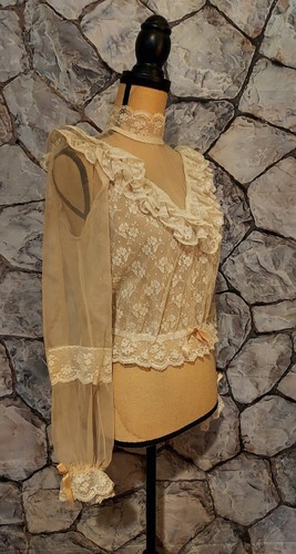 Vintage Gunne Sax Style 1970s Romantic Floral Lace Pearl Embellished Blouse S - Picture 2 of 8