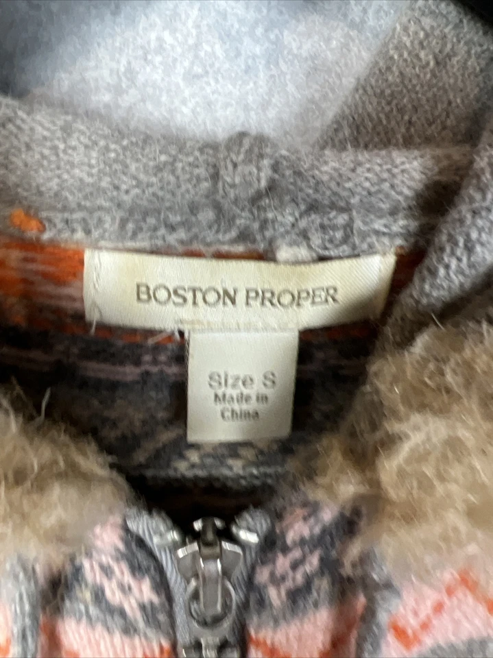 Boston Proper Women’s S Boho Zip Up  Sweater  Faux Fur Trim Wool Blend Hoodie - Image 4 of 4