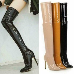 stretch leather thigh high boots