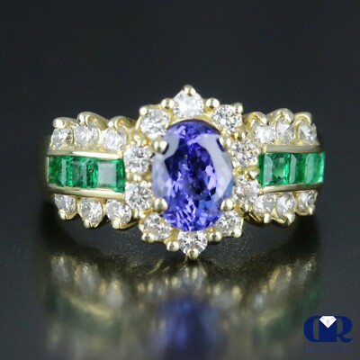 Natural 2.58 Ct Tanzanite Emerald & Diamond Cocktail Ring Right Hand Ring 14KYG