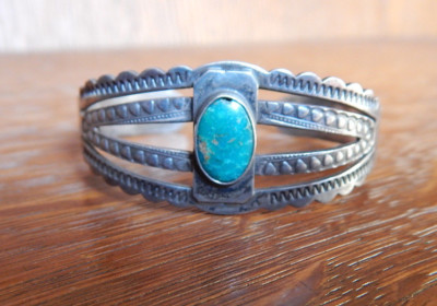 Vintage Fred Harvey Era Navajo Sterling Silver Stamped Turquoise