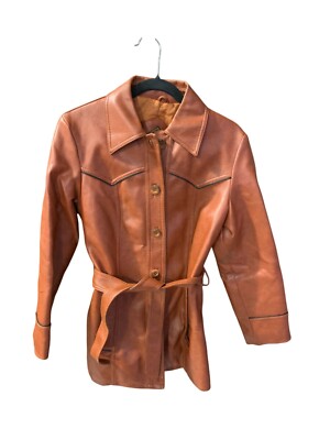 Leather Look Womens 14 Brown Vintage Faux Leather Jacket Belted Coat  Western Lin