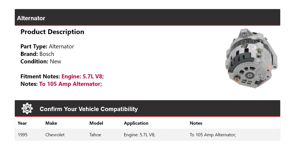 Alternador Bosch para Chevrolet Tahoe 1995 5,7 L V8 (nuevo) Foto 2 de 4