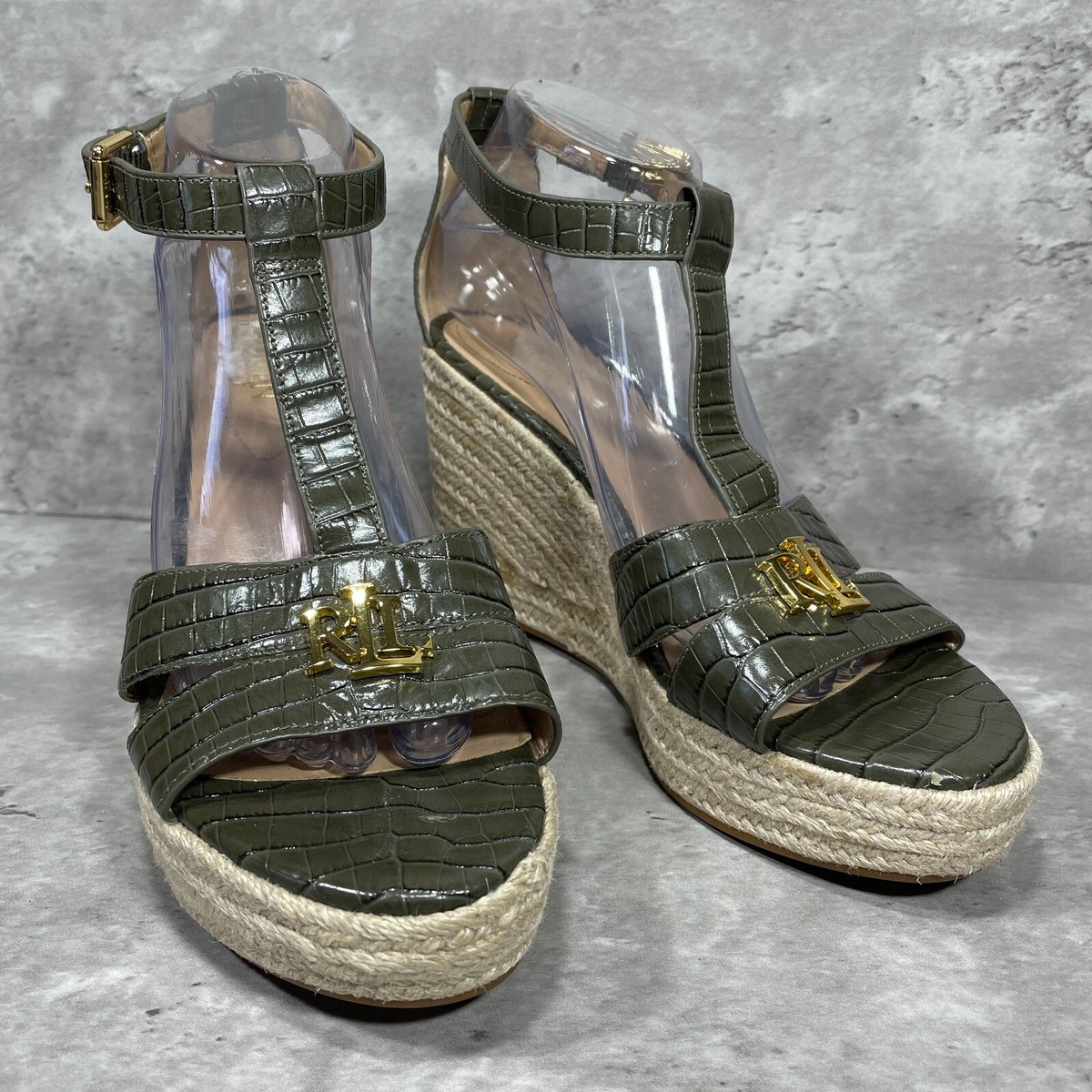 Lauren Ralph Lauren Hale Wedge T-Strap Open Toe Green Leather