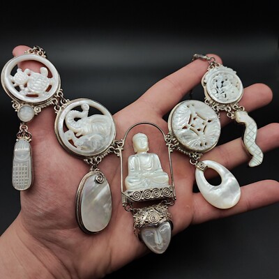 Necklace Sajen 925 silver & mother of pearl kette buddha spirituell collier 138g