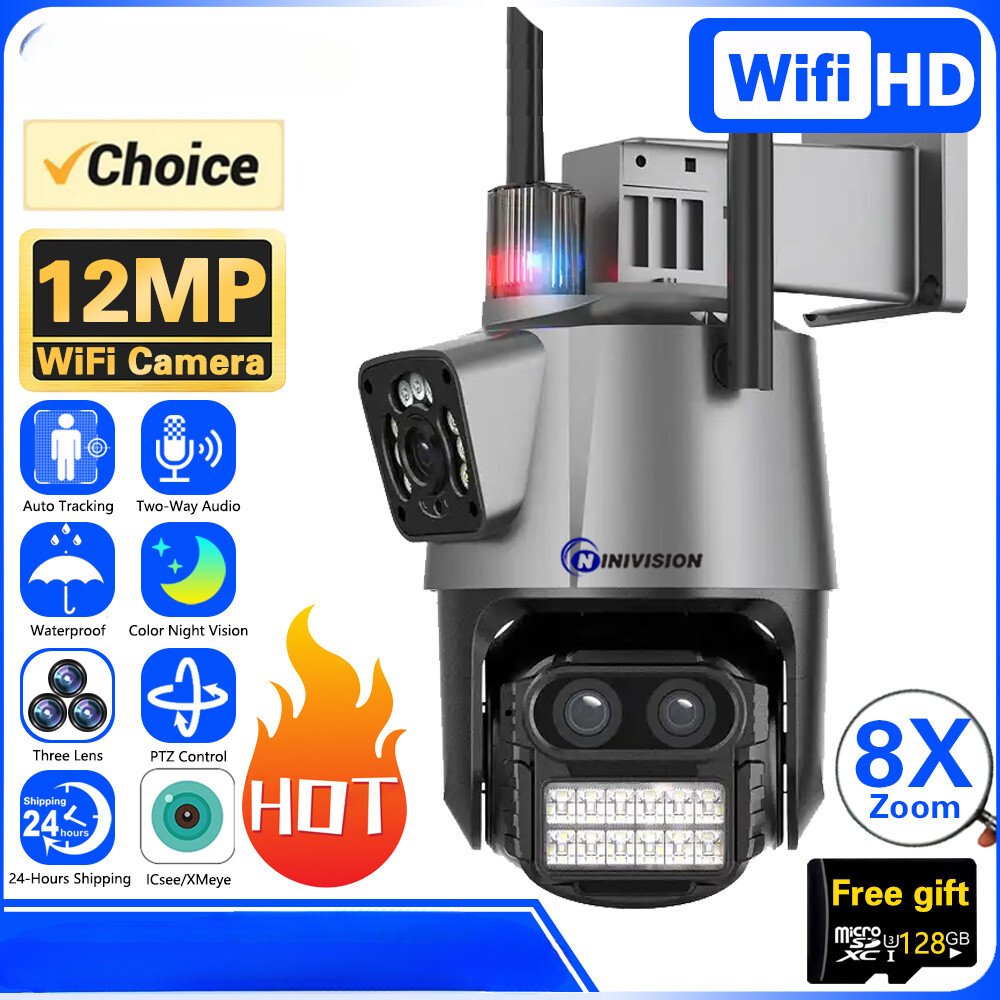 Wifi 6K 12MP Triple Lens PTZ Security Camera with Auto Tracking 8X Zoom