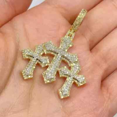 2.50Ct Round Lab-Created Diamond Men's Triple Cross Pendant 14K Yellow Gold Over