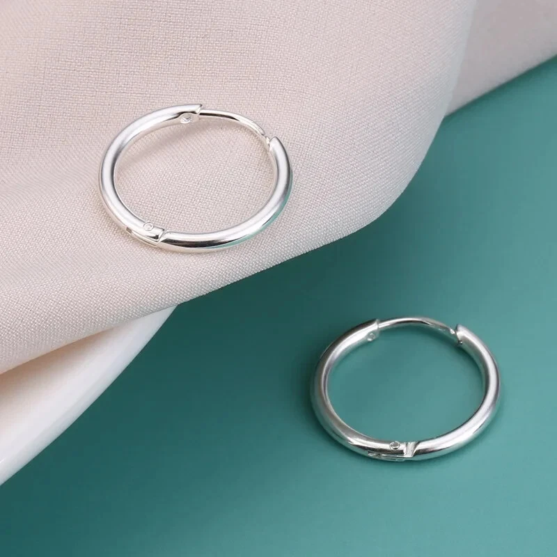 Shiny 316l Sterling Silver Simple Plain Huggie Hoop Circle Earrings Women Gift - Image 2 of 4