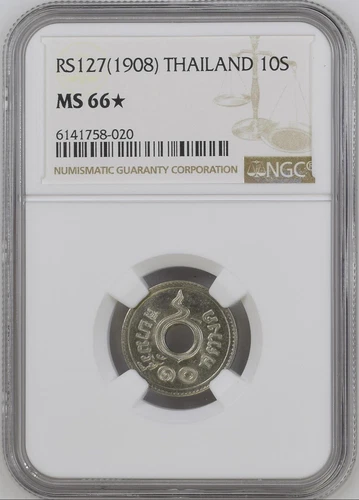 RS127 (1908) Thailand Rama V 10 Satang NGC MS66☆ Star Gem Top Finest 