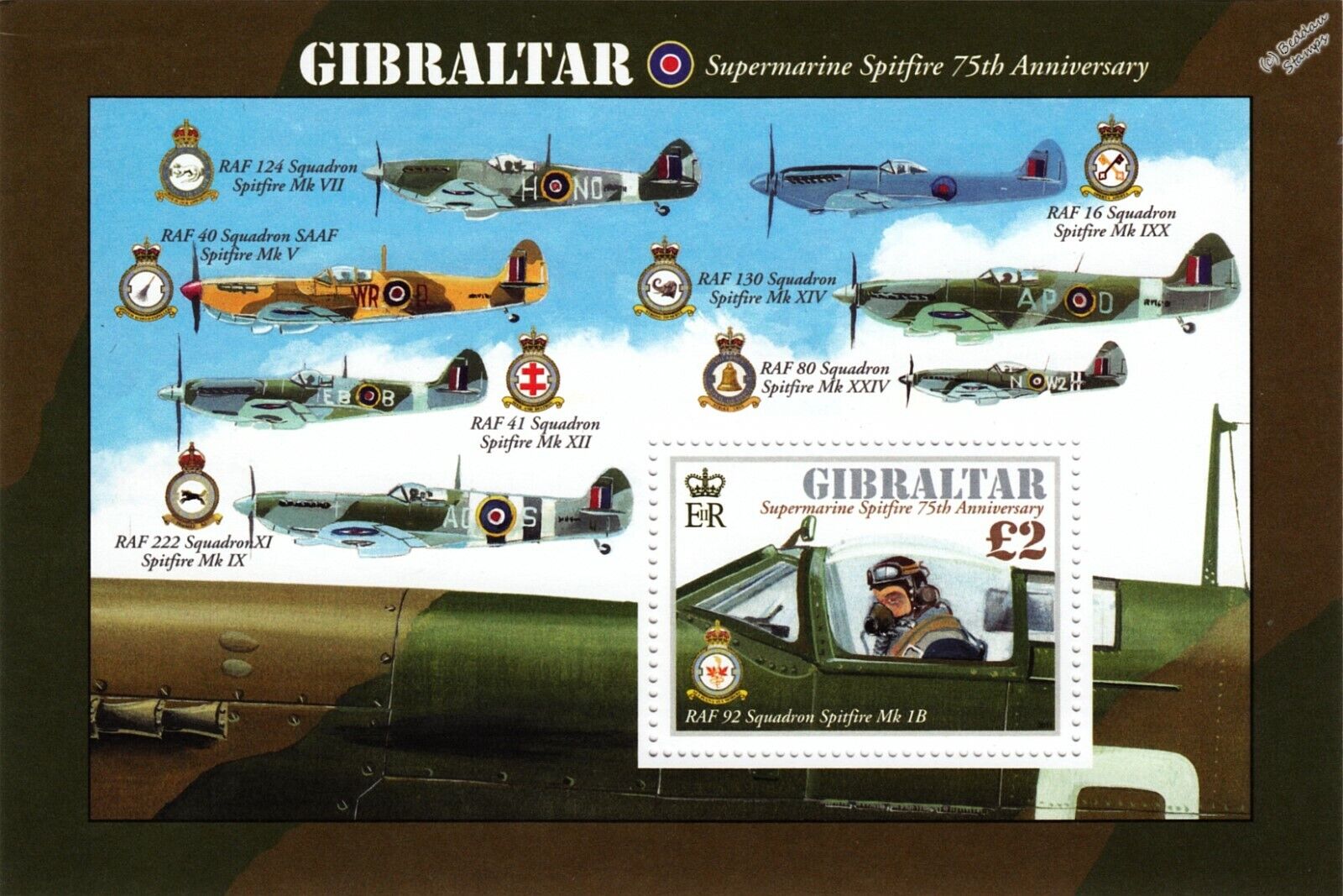 WWII RAF SPITFIRE Squadrons 75th Anniversary Aircraft Stamp Sheet 2011 Gibraltar