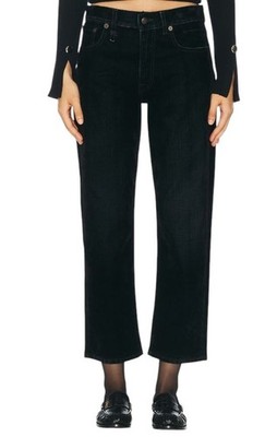 R13 Romeo Damen Jeans 24 Schwarz Samt Flocked Cropped Low Rise Logo *