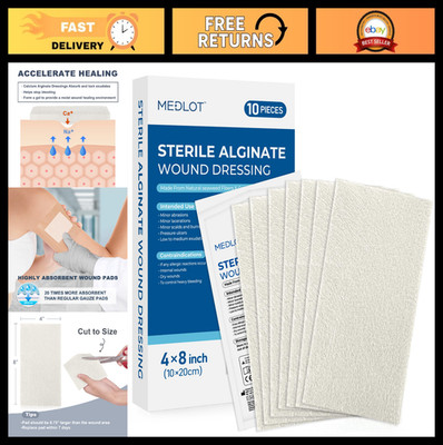 Calcium Alginate Wound Dressings 4''x8'' - 10 Sterile Non-Stick Absorbent Pads for