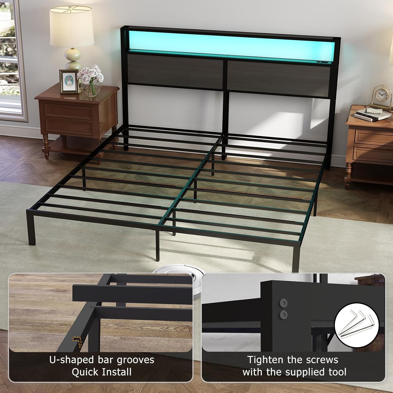Bed Frame with Headboard, Metal Platform LED Lights & Charging Station