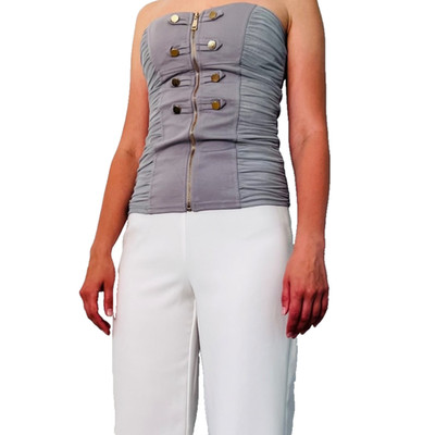 Y2K Grey Corset Top Strapless Ruched Bustier Zip Front Party Top Size S