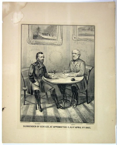 1865 SURRENDER OF ROBERT E LEE TO GENERAL GRANT CURRIER & IVES STONE LITHOGRAPH