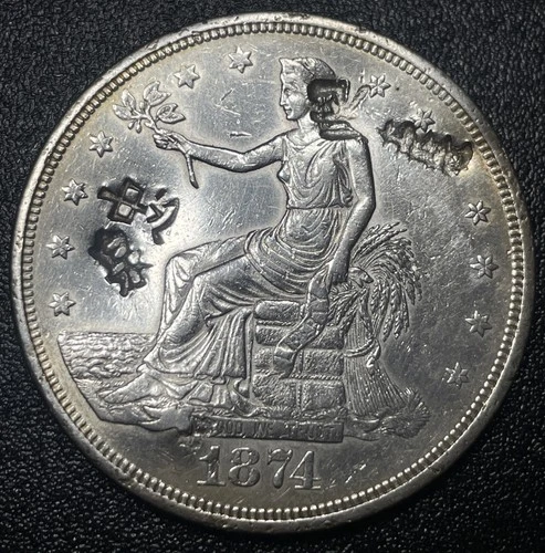 1874 P Trade Silver Dollar $1 XF Detail Better Date Rare To See Chop Marked