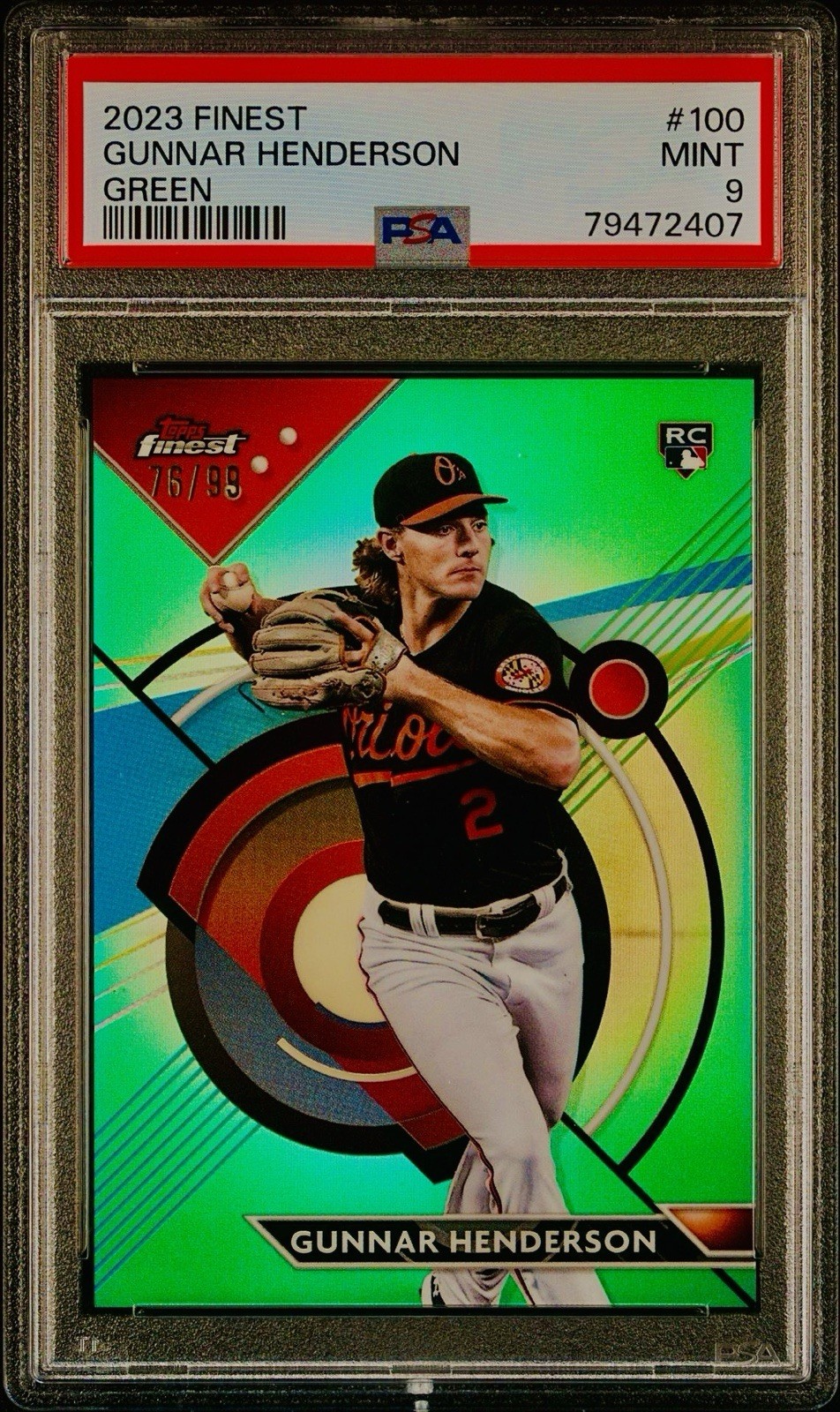 2023 Topps Finest Gunnar Henderson /99 GREEN Refractor #100 Orioles RC PSA 9