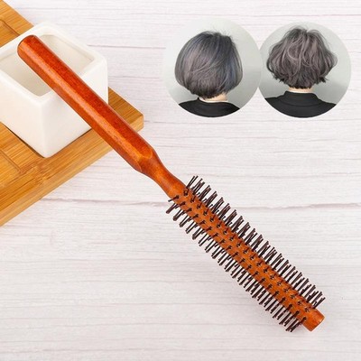 Wooden Curly Hair Comb Natural Boar Bristle Rolling Brush Barber Hair Styling