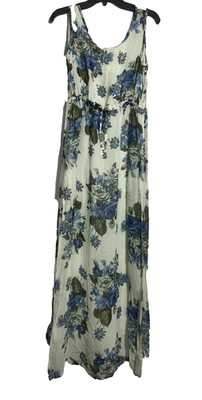 Sacred Threads Maxi Dress Blue Florals Chiffon Tie Back Lined Side Slits NWT S/M