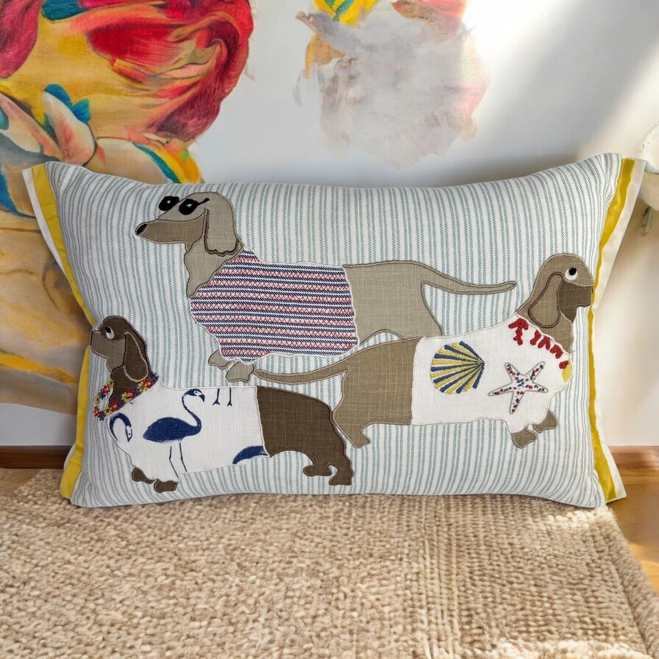 Pier 1 Almohada Dachshunds Perros Bordado Patchwork Náutico Decorativo Foto 2 de 4