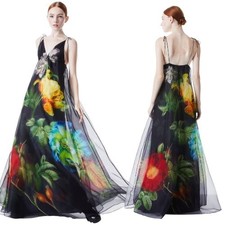 New Alice + Olivia Massie Tie Strap Floral Maxi Gown Black Womens Size 14