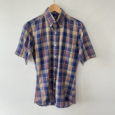 Vintage 80s Sz S Plaid Short Sleeve Shirt Button Down Arrow Brigade Blue Beige